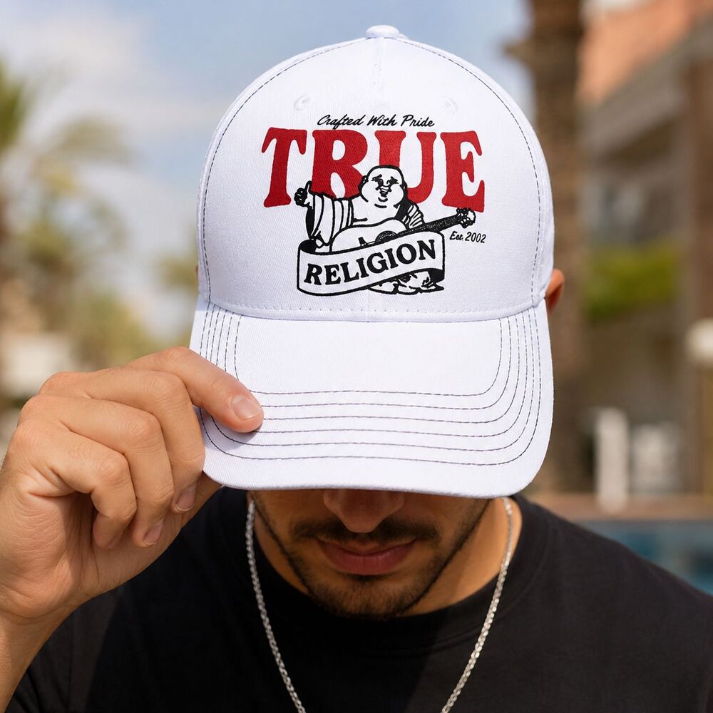 True Religion Hat Baseball Mens One Size White Snapback Cap Buddha Graphic Logo